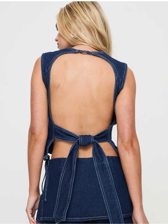 Lioness Tops - Lioness Dark Blue Open-Back Denim top with Tie